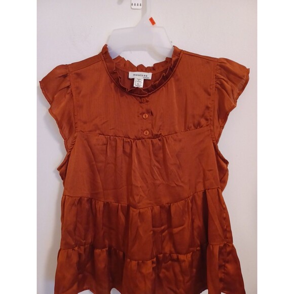 Monteau LA Babydoll Satin Top L Fire Brown Tiered Coquette Romantic Ruffled Y2k - Picture 2 of 8
